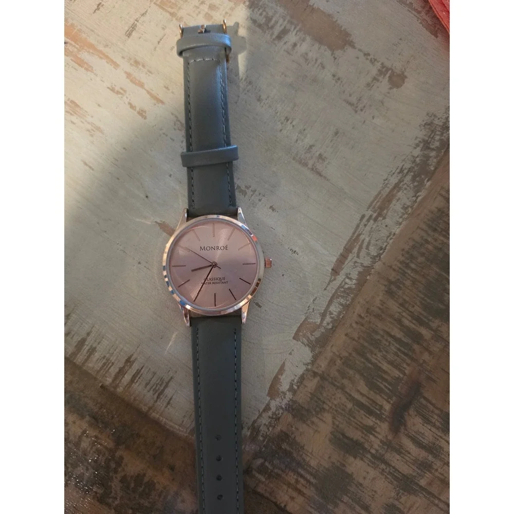 Monroe Classique Rose Gold Grey Leather Strap Water Resistant Watch